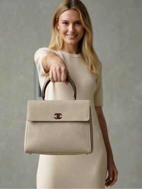 CHANEL CC LOGO Linen Top Handle Bag Tortoiseshell Beige
